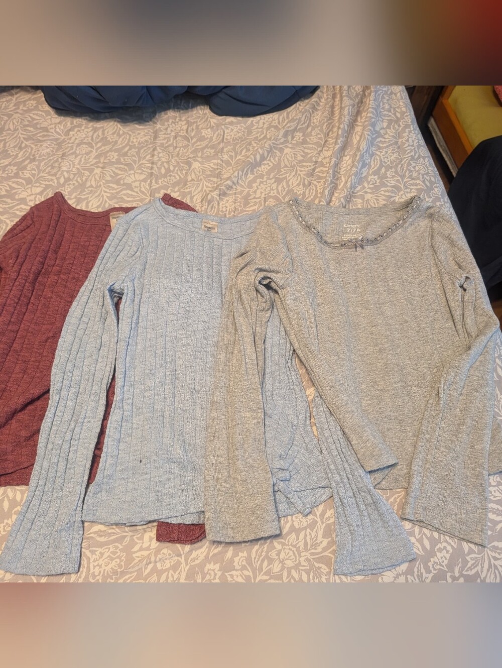 Three Ribbed Long Sleeve Tops - Light Blue, Heather Gray, Dusty Rose